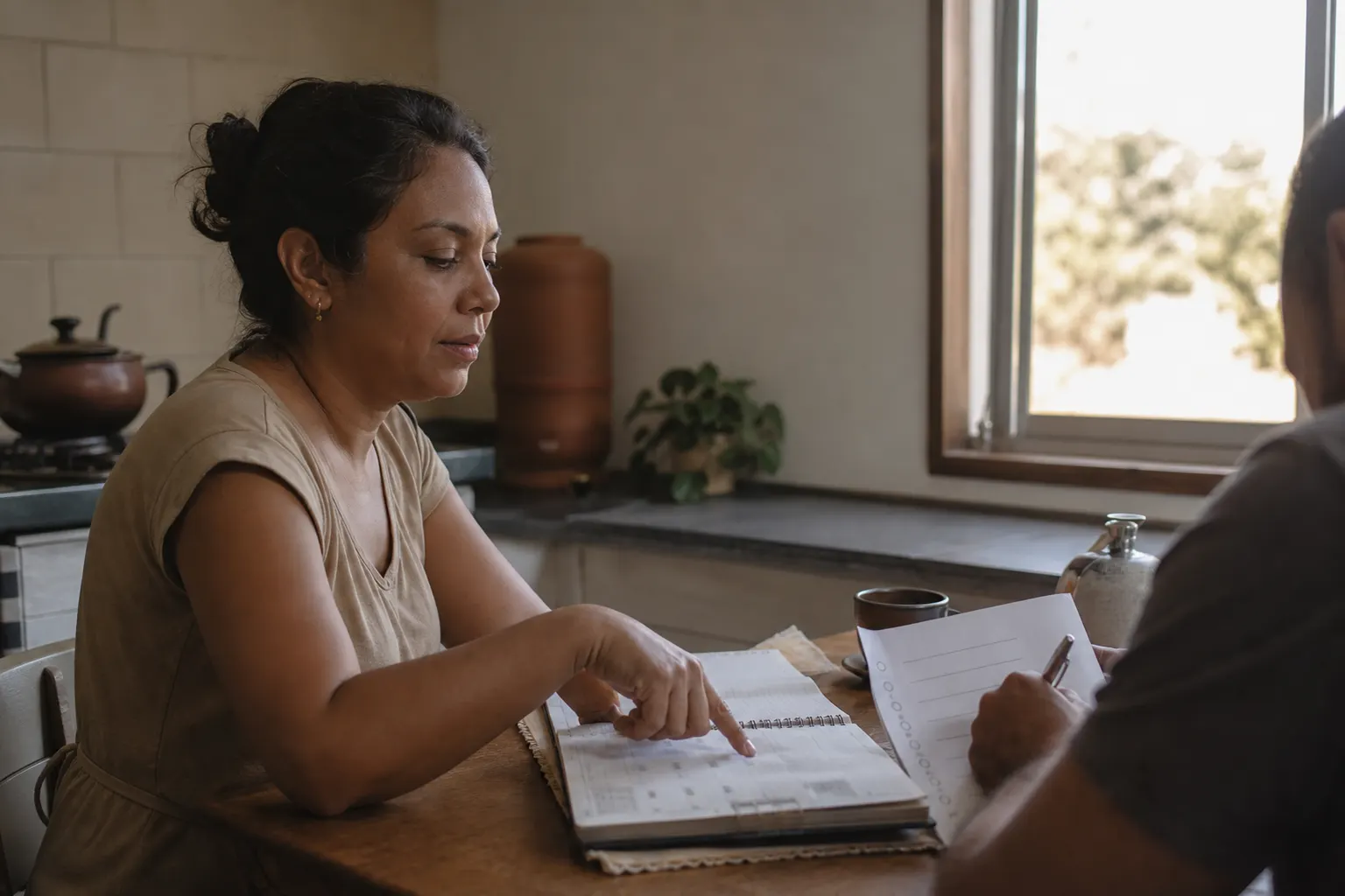 Duas pessoas adultas combinam tarefas diante de uma agenda, sem posar para a câmera.