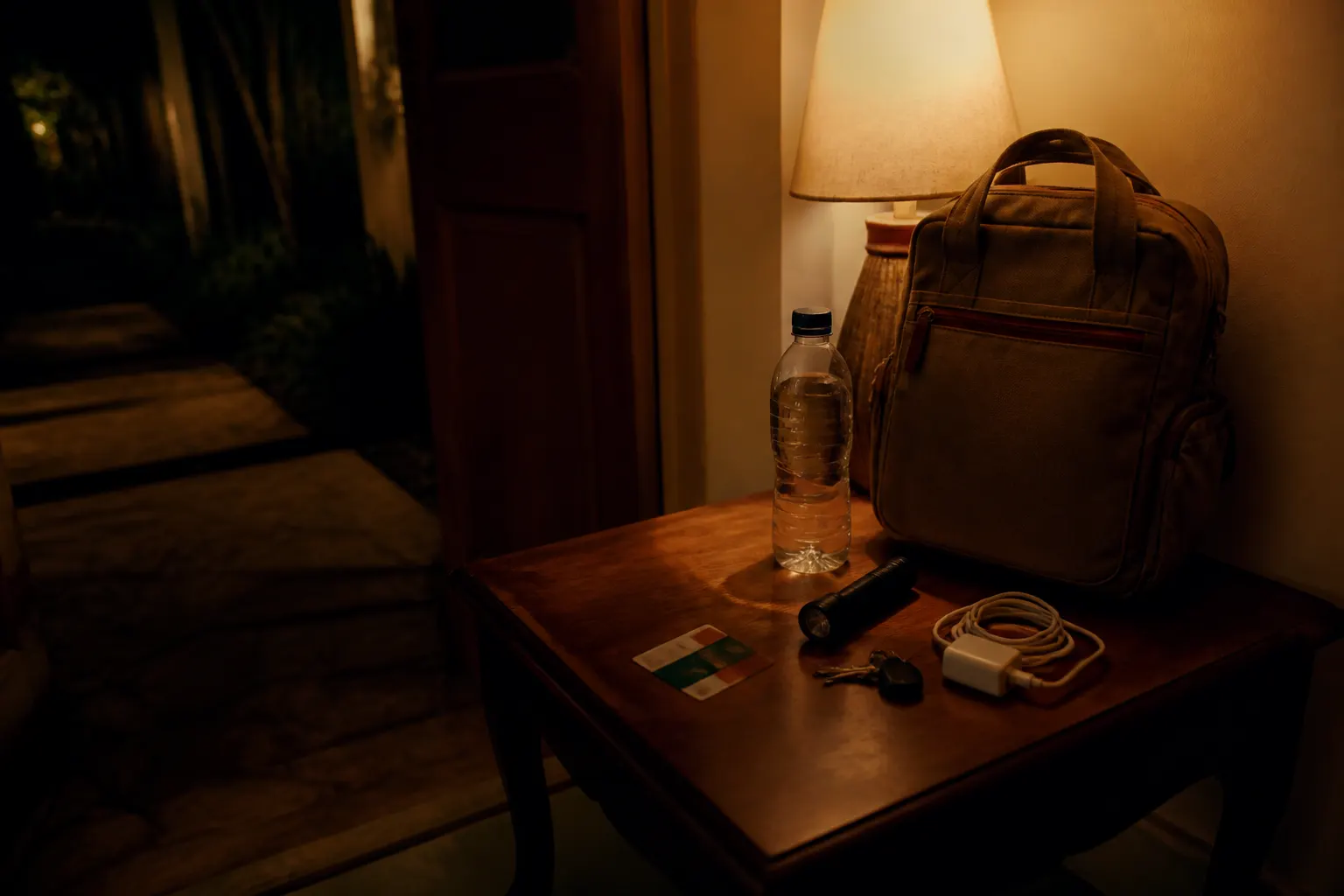Mesa noturna perto da porta com bolsa pronta, água, lanterna, chaves e carregador.