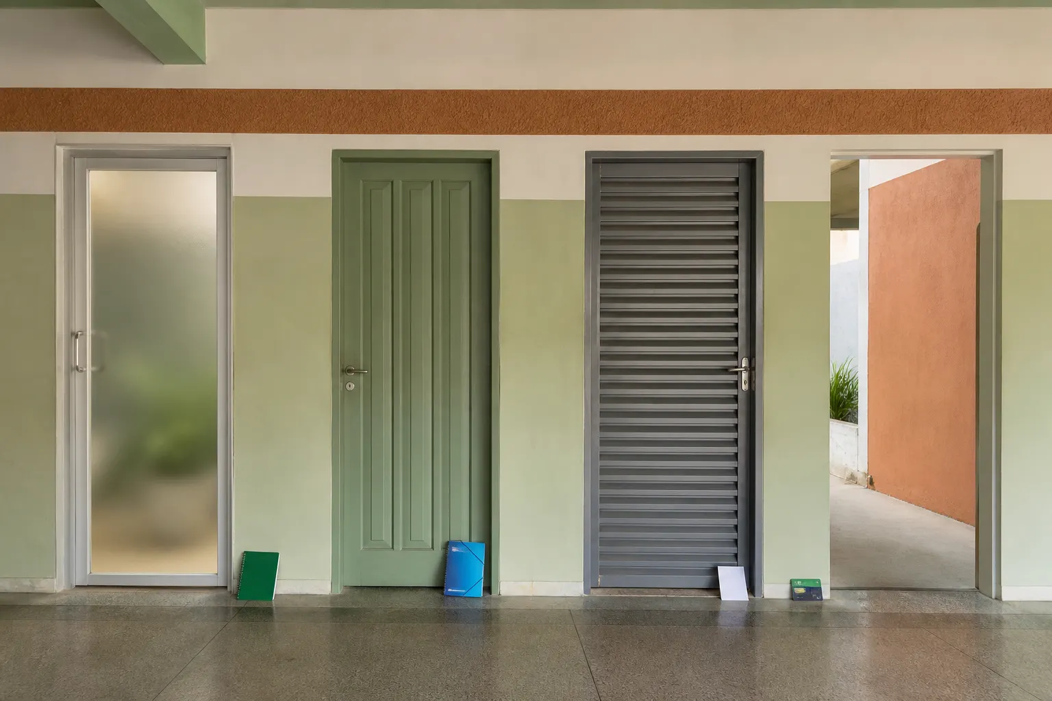 Corredor com quatro portas de materiais diferentes, representando serviços que cumprem tarefas diferentes.